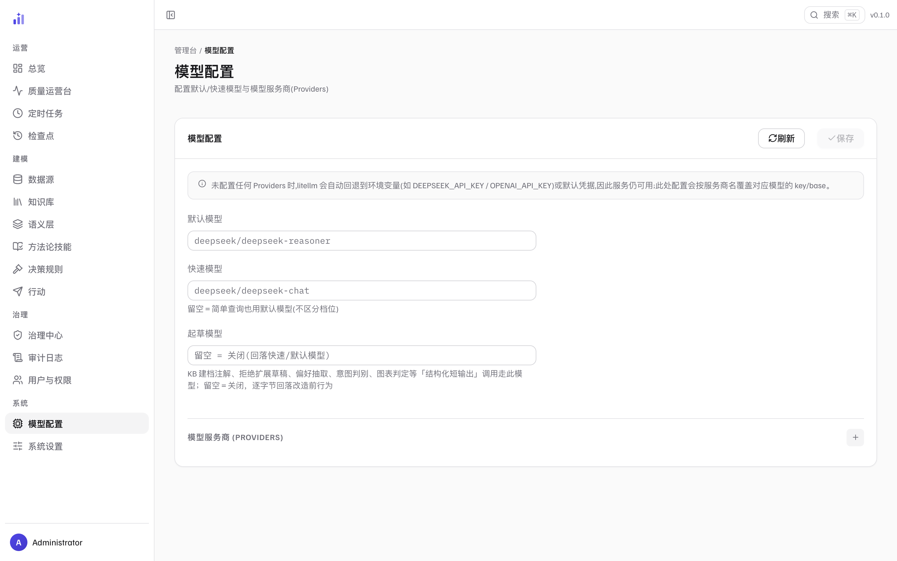 模型配置页：回退说明条、默认模型 deepseek/deepseek-reasoner、快速模型 deepseek/deepseek-chat（留空 = 简单查询也用默认模型）、起草模型（留空 = 关闭）、模型服务商区块与加号按钮