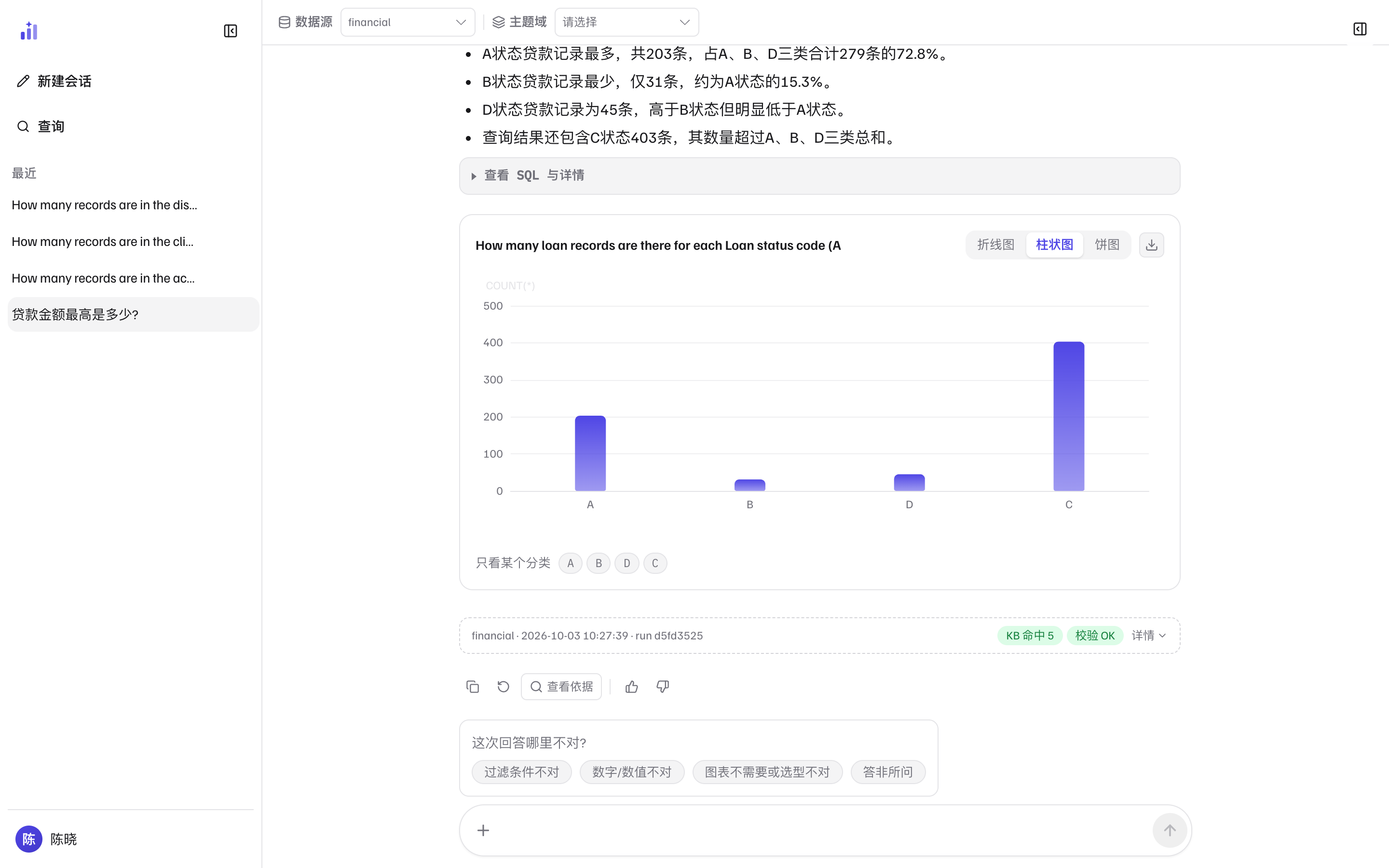 答案下方的操作行：复制、重新生成、查看依据、点赞、点踩；点踩后出现「这次回答哪里不对?」与四个理由标签